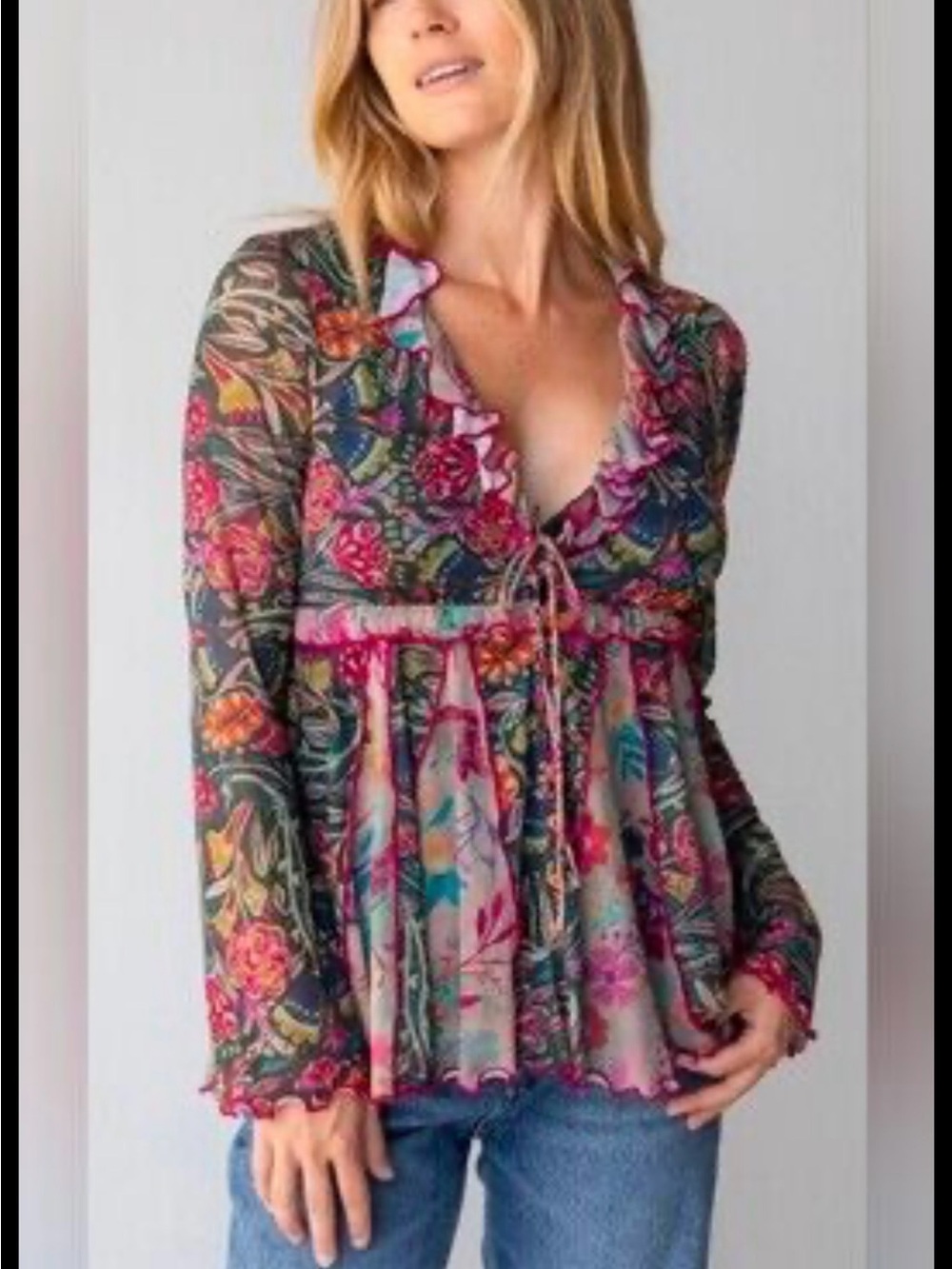 NATURAL LIFE Sheer Floral Ruffle Tie-Front Top - Pink, Green, Teal, Navy Size L